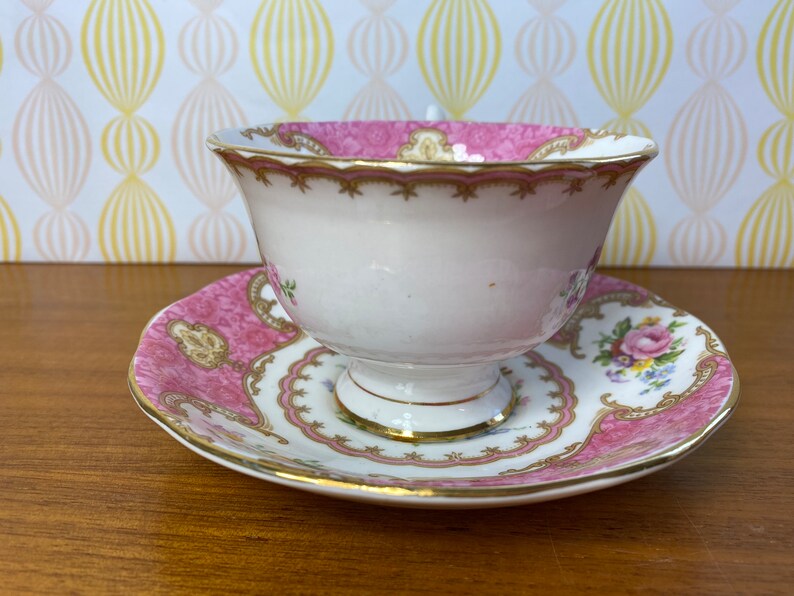 Royal Albert Lady Carlyle Tea Cup and Saucer, Bone China Pink Floral Teacup and Saucer, reg'd 855022 original date 1944 1950s image 3