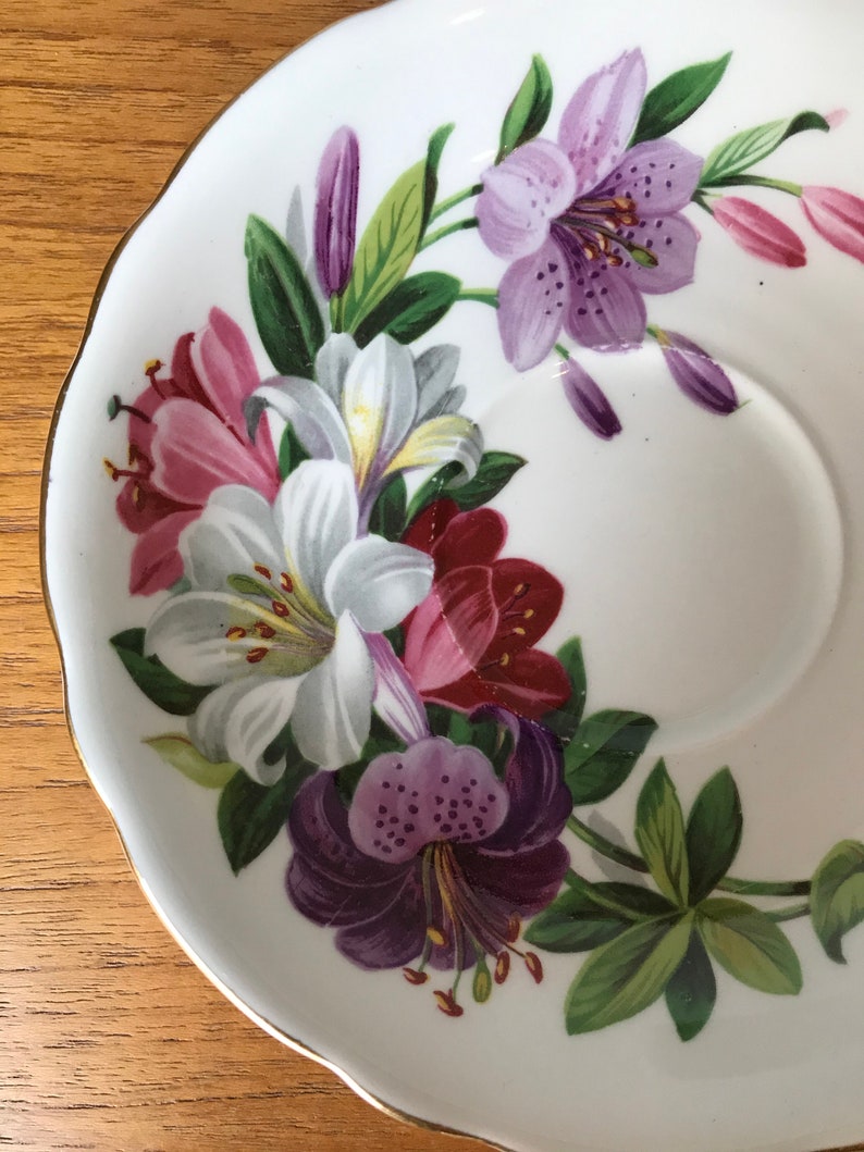 Adderley Tea Cup and Saucer, Purple Pink White Lily Teacup and Saucer image 8