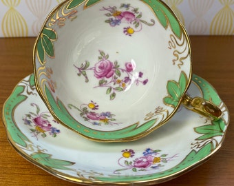 Birks English China Tea Cup and Saucer, Green and Gold Pink Rose Floral Teacup and Saucer