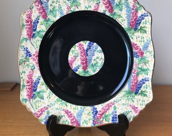 Royal Winton Grimwades Serving Tray, Black Band with Pink and Blue Delphiniums Floral Chintz Cake Plate, 768985