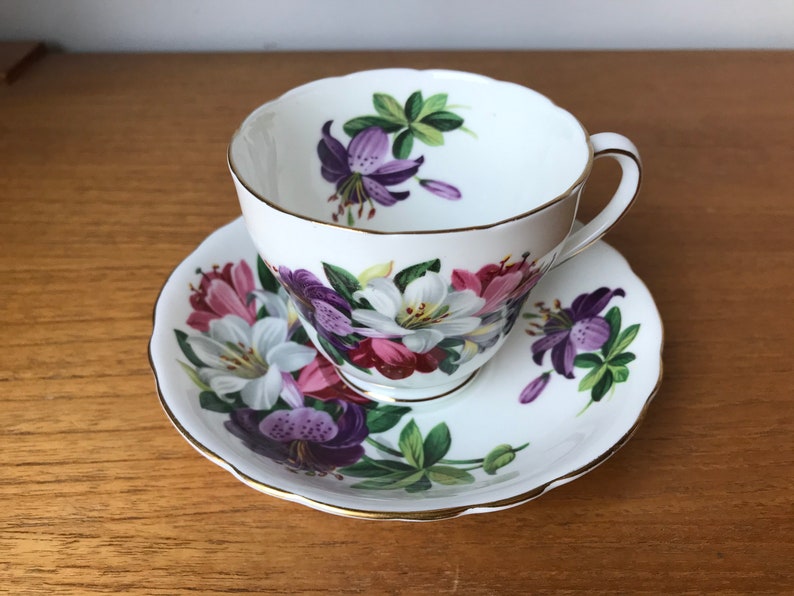 Adderley Tea Cup and Saucer, Purple Pink White Lily Teacup and Saucer image 2