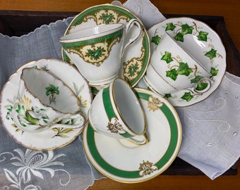 Green White and Gold Tea Set, Fine Bone China Mismatched Teacups and Saucers