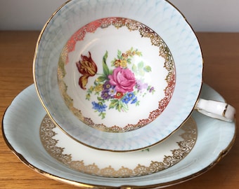Royal Grafton Tea Cup and Saucer, Floral Pale Blue Border Teacup and Saucer, Vintage China