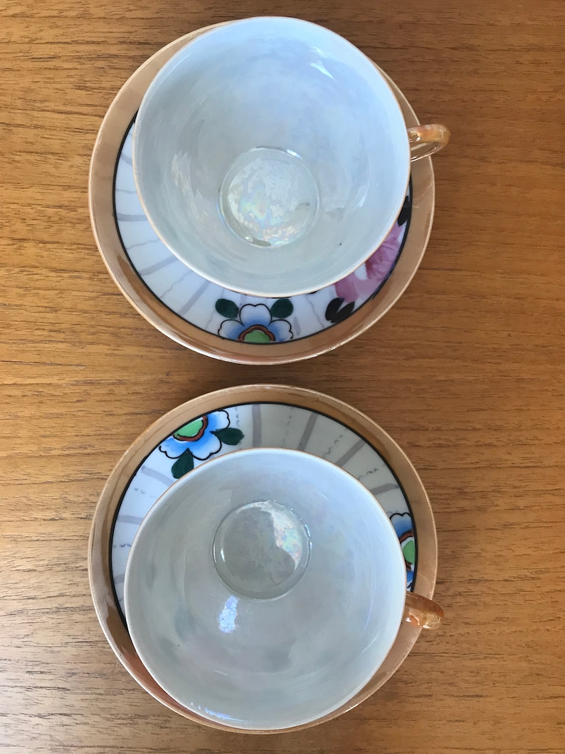 Japanese Lustreware Cups and Saucers Orange Black Pink Purple Etsy