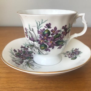 Purple Floral Teacups and Saucers, Violets and Flower Tea Cups and Saucers, Bone China Mismatched Tea Set image 9