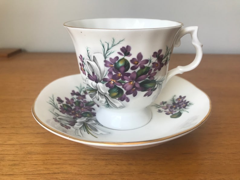 Purple Floral Teacups and Saucers, Violets and Flower Tea Cups and Saucers, Bone China Mismatched Tea Set image 9