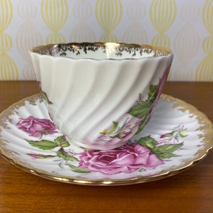 Aynsley Roses Cup and Saucer, Large Pink Cabbage Rose Teacup and Saucer image 2