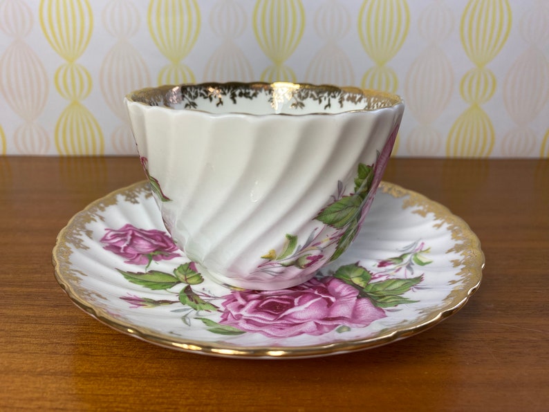 Aynsley Roses Cup and Saucer, Large Pink Cabbage Rose Teacup and Saucer image 2