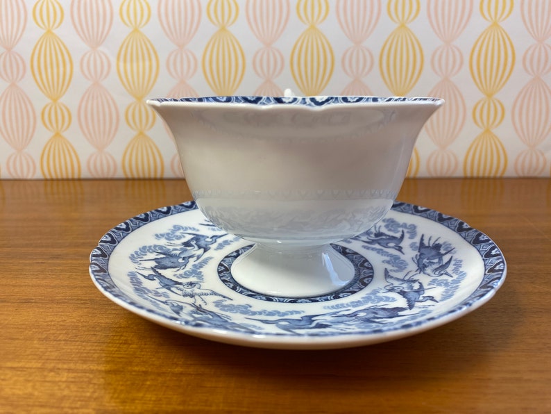 Imperfect Shelley Tea Cup and Saucer, Blue and White China Bird Teacup and Saucer image 3