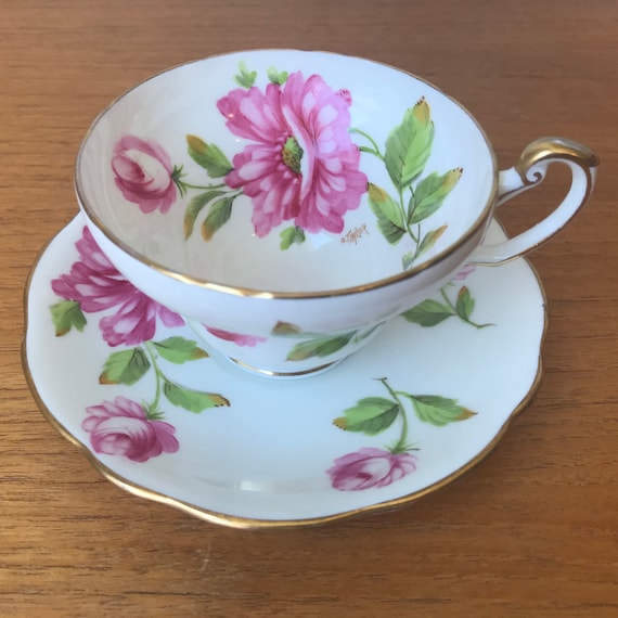 Taylor Handpainted Floral Rose Bouquet on Blue Foley Tea Cup /& Saucer Signed A