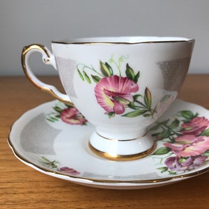 Tuscan Birthday Flowers April's Sweet Pea China Tea Cup and Saucer, Pink and Purple Sweet Peas Teacup and Saucer, Flower of the Month image 2