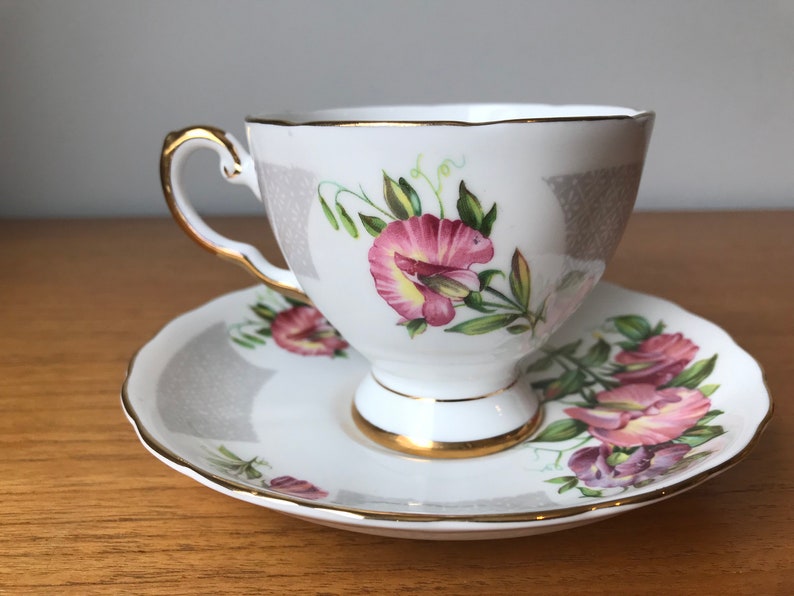 Tuscan Birthday Flowers April's Sweet Pea China Tea Cup and Saucer, Pink and Purple Sweet Peas Teacup and Saucer, Flower of the Month image 2