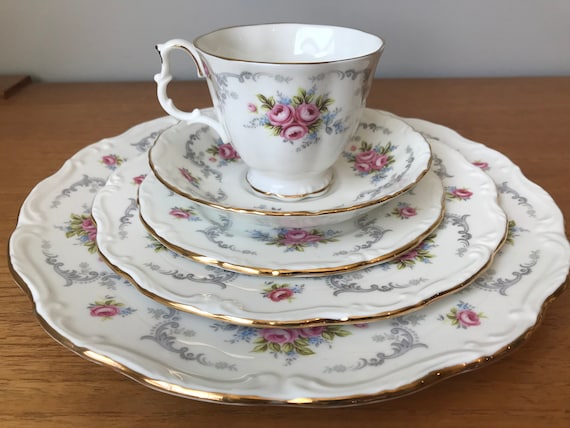 Platos Royal Albert China juego de vajilla Tranquilidad taza de te con remolinos grises de rosas rosas platillo plato lateral plato de ensalada plato de cena Etsy Mexico