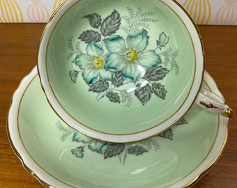 Paragon Hand Painted Floral Tea Cup and Saucer, Light Green With Turquoise Blue Flowers Teacup and Saucer, English Bone China