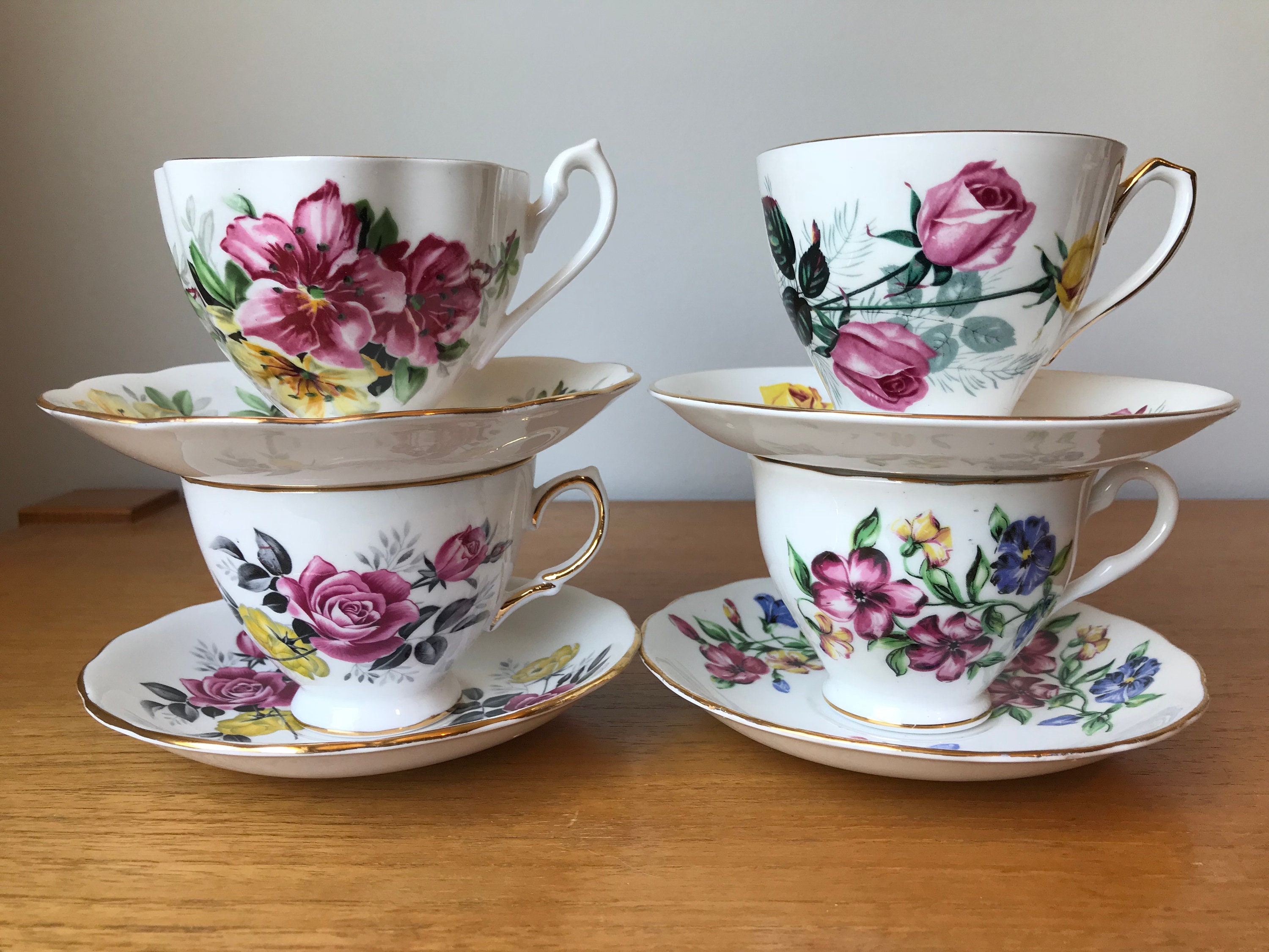 Drink & Barware Home & Living English afternoon tea china Vintage tea cups and saucers pink