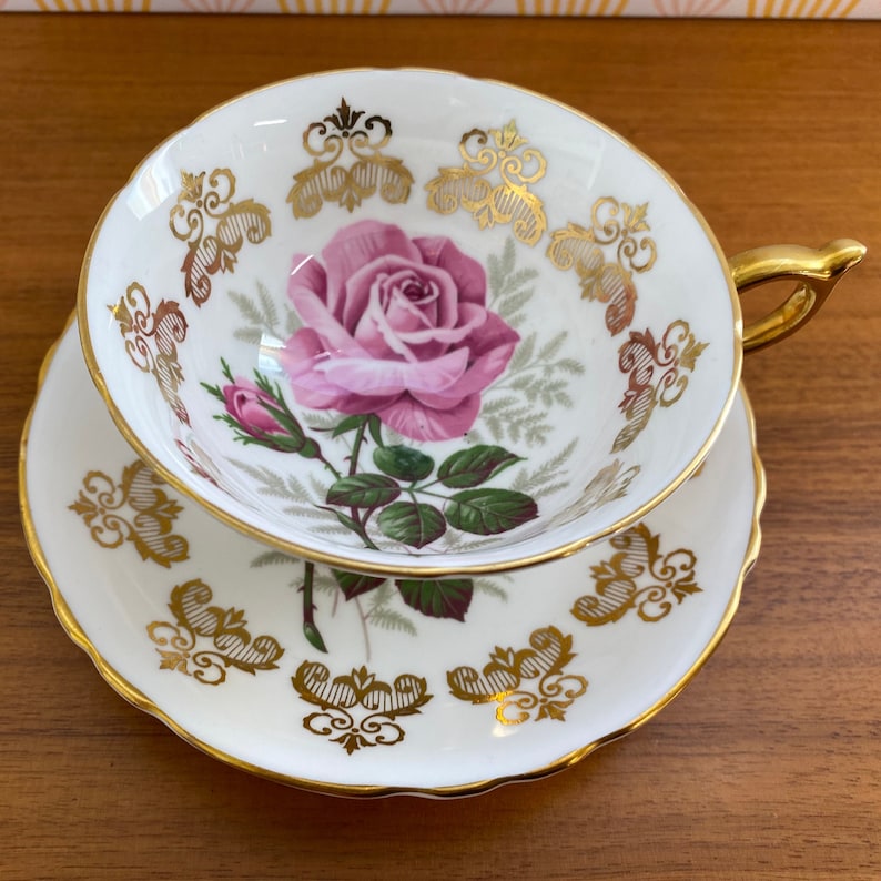 Rare Paragon Rose Tea Cup and Saucer, Large Pink Rose Teacup and Saucer with Gold Accents 1960s Floating Rose Long Stem Rose Collectible image 10