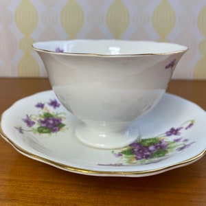 Radfords China Tea Cup and Saucer, Purple Violets Teacup and Saucer, English Bone China Flaws image 3