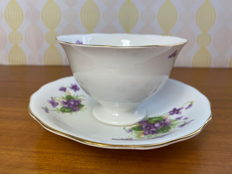 Radfords China Tea Cup and Saucer, Purple Violets Teacup and Saucer, English Bone China Flaws image 3