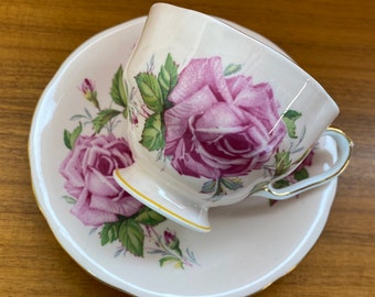 Peach Aynsley Vintage Teacup and Saucer, Large Pink Cabbage Roses Teacup and Saucer, Bone China