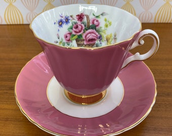 Pink Tea Cup and Saucer, Royal Grafton Dusty Rose Teacup and Saucer with Basket of Flowers, Vintage Fine Bone China