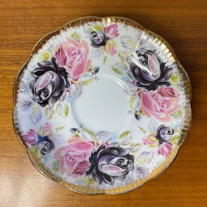 Summer Bounty Series Tourmaline Teacup and Saucer, Royal Albert China Tea Cup and Saucer with Pink and Purple Roses and Heavy Gold image 8