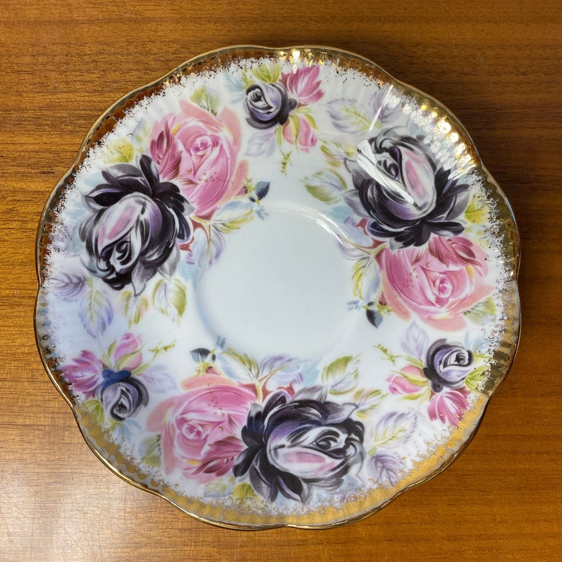 Summer Bounty Series Tourmaline Teacup and Saucer, Royal Albert China Tea Cup and Saucer with Pink and Purple Roses and Heavy Gold image 8