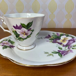 Windsor and Royal Dogwood China Teacup and Snack Plate, Purple and White Clematis Tea Cup and Plate image 3