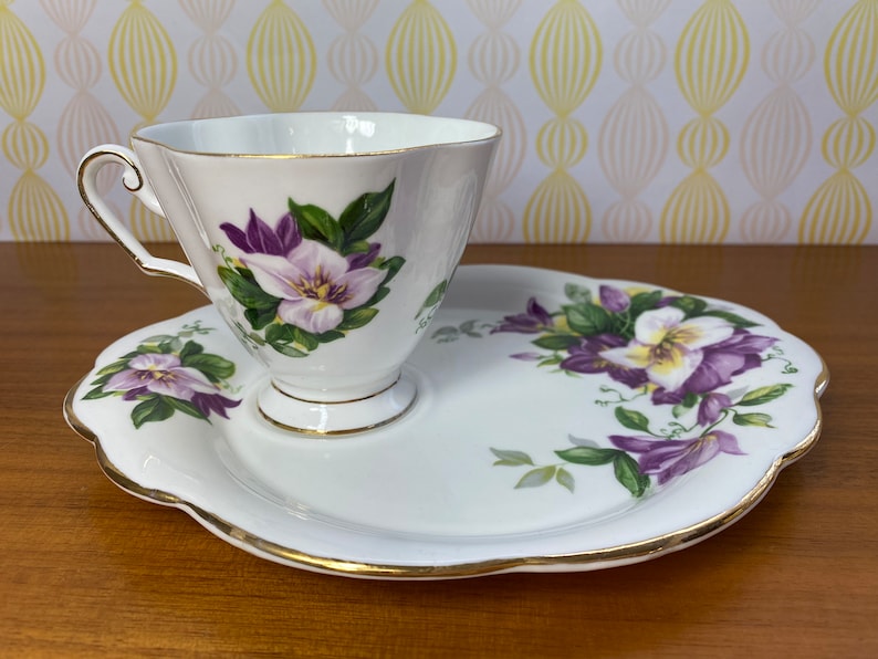 Windsor and Royal Dogwood China Teacup and Snack Plate, Purple and White Clematis Tea Cup and Plate image 3