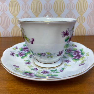 Purple Violets Royal Albert China Tea Cup and Saucer, Sweet Violet Teacup and Saucer 1940s Bone China image 2