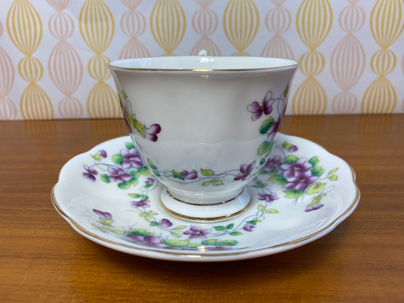 Purple Violets Royal Albert China Tea Cup and Saucer, Sweet Violet Teacup and Saucer 1940s Bone China image 2