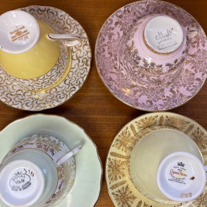 Pastel Tea Cups and Saucers with Gold Overlay, Mismatched Lot of Teacups and Saucers image 5