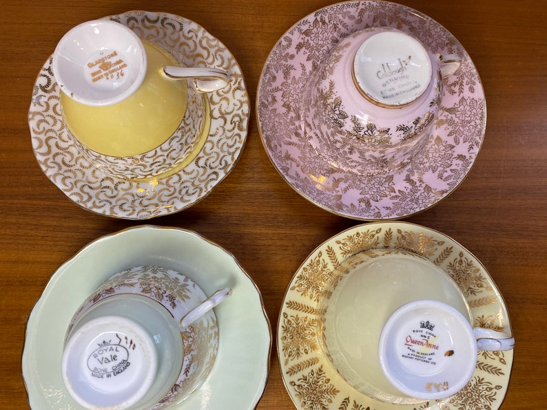 Pastel Tea Cups and Saucers with Gold Overlay, Mismatched Lot of Teacups and Saucers image 5