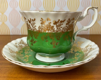 Royal Albert "Regal Series" Vintage Teacup and Saucer, Green & White Tea Cup and Saucer, Gold Floral English China