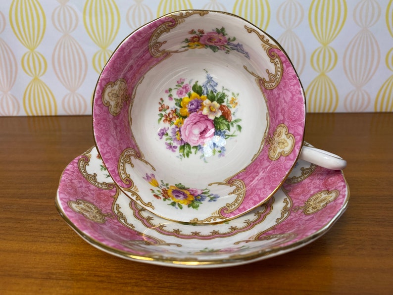 Royal Albert Lady Carlyle Tea Cup and Saucer, Bone China Pink Floral Teacup and Saucer, reg'd 855022 original date 1944 1950s image 1