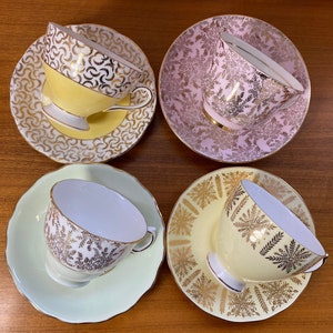 Pastel Tea Cups and Saucers with Gold Overlay, Mismatched Lot of Teacups and Saucers image 2