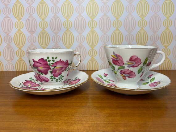 Tea Set for Six, Pink Floral Tea Cups and Saucers Tea Set for Six, Pink Floral Tea Cups and Saucers