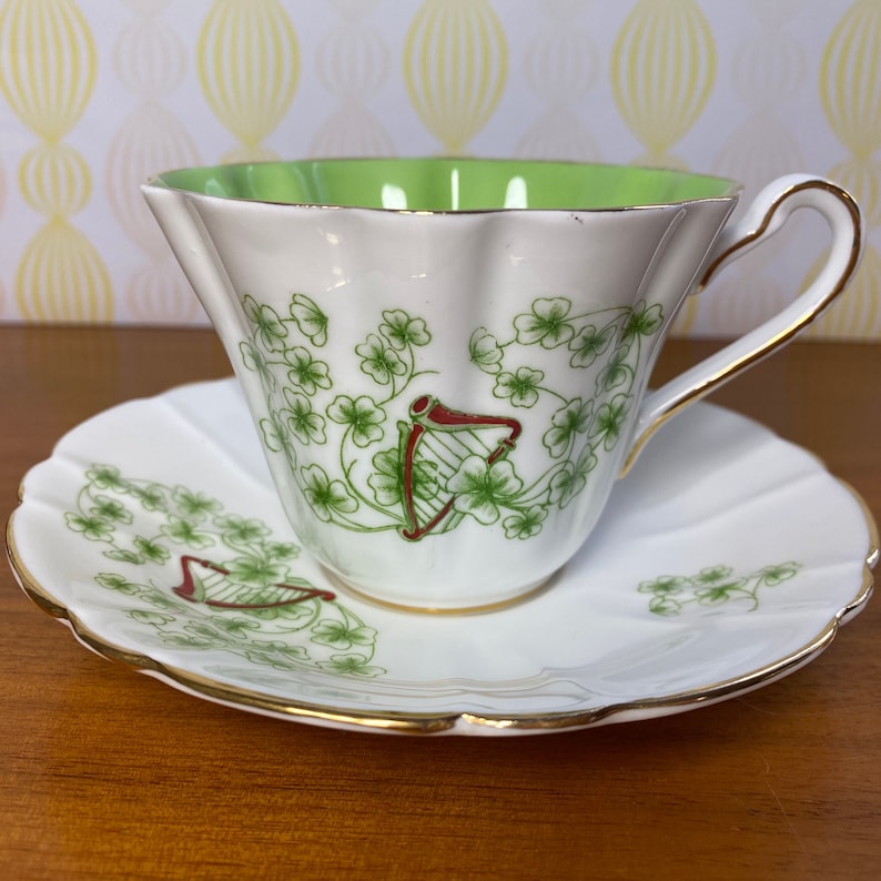 Shamrock Tea Cup and Saucer, Royal Stafford China Teacup and Saucer image 1