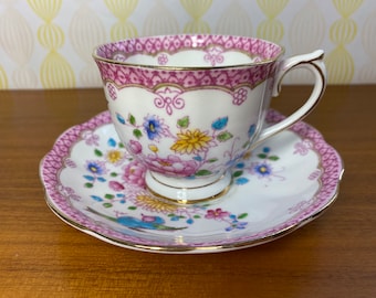 Pink Royal Albert Tea Cup and Saucer, Hand Painted Flowers and Bird Teacup and Saucer 1940s *crazing sold as is