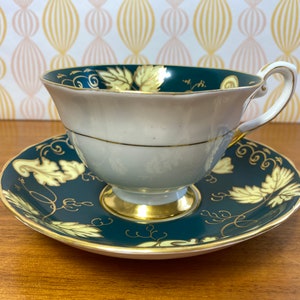 Tuscan China Tea Cup and Saucer, Dark Forest Green Bands with Yellow Leaves and Gold Outline Teacup and Saucer image 3