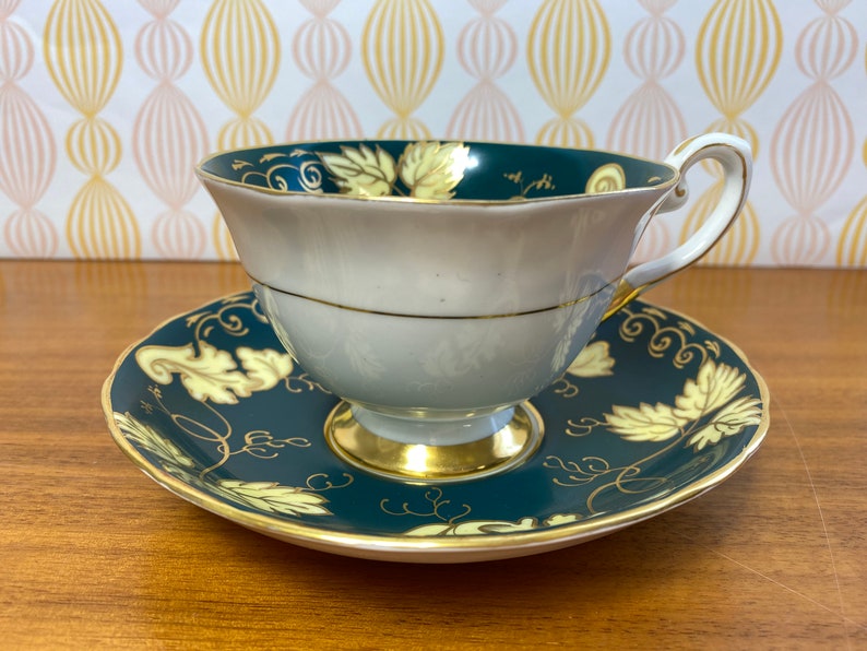 Tuscan China Tea Cup and Saucer, Dark Forest Green Bands with Yellow Leaves and Gold Outline Teacup and Saucer image 3