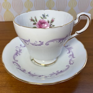 Vintage Paragon China Tea Cup and Saucer, Century Rose 1967 Teacup and Saucer, Pink Roses with Light Purple Scrolls Bone China image 1