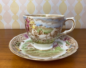 Tuscan China Horse Carriage Floral Teacup and Saucer, Scenic Tea Cup and Saucer, Hand Painted Sky Trees Houses