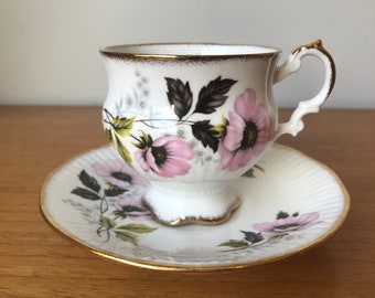 Elizabethan Tea Cup and Saucer, Pink Flower Footed Teacup and Saucer, English Fine Bone China