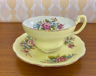 Tasse à thé et soucoupe jaune Eb Foley, tasse à thé florale et soucoupe