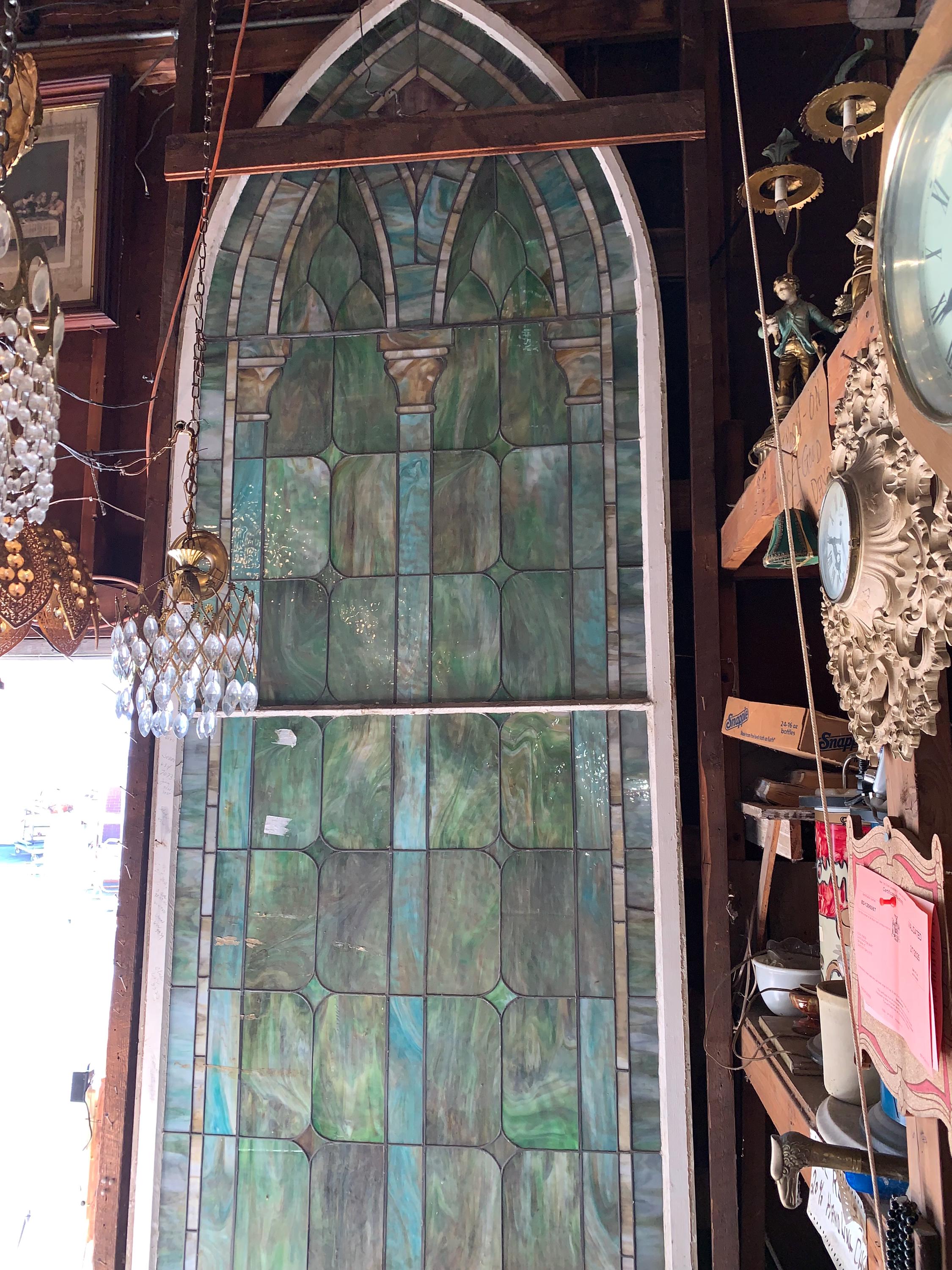 Stained Glass, Antique Church Window w/o biblical scene, Multi Colored Leaded Glass, 12 ft tall, 2 available.