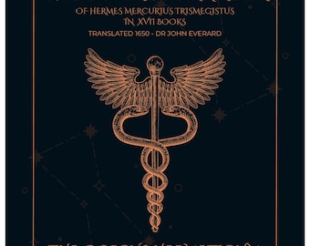 May include: A book cover with a dark blue background and gold text. The title is "The Divine Pymander" and "The Corpus Hermeticum". A gold illustration of a winged serpent with a staff is in the center of the cover.