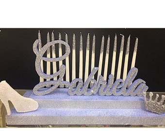 Sweet 16 Candelabra, Quinceanera & Mitzvah Candle Lighting Centerpiece - Large Size with tiara and Cinderella inspired shoe slipper