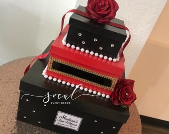 Card Box with Roses, Pearls, Ribbons and Crystals for Wedding, Mitzvah,  Sweet 16,  Quince beauty and the beast theme