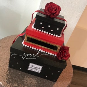 Card Box with Roses, Pearls, Ribbons and Crystals for Wedding, Mitzvah,  Sweet 16,  Quince beauty and the beast theme