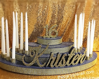 Rounded Candelabra Candle Lighting with glitter 16 or rhinestone tiara - Extra Large with candles Sweet 16 / Quince / Mitzvah